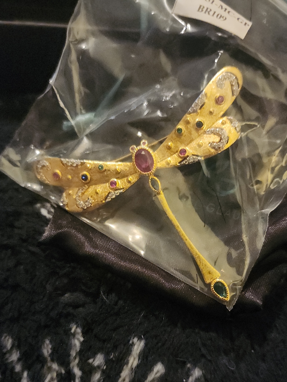 Gold Dragonfly Brooch with Multicolor Stone Accents
